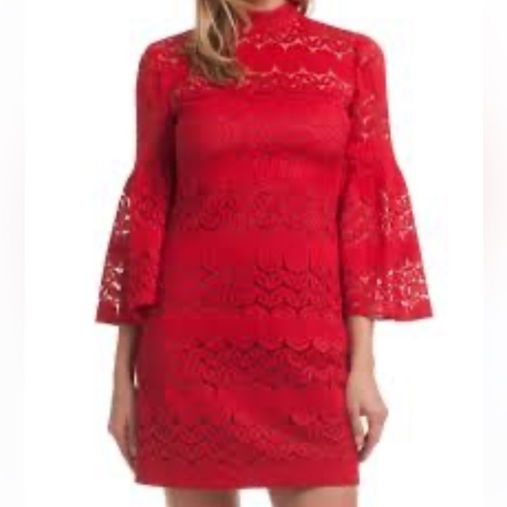 TRINA TURK RUBY ROSE TWIST LACE OVERLAY SHIFT DRESS BELL SLEEVE MOCK NECK SZ 6